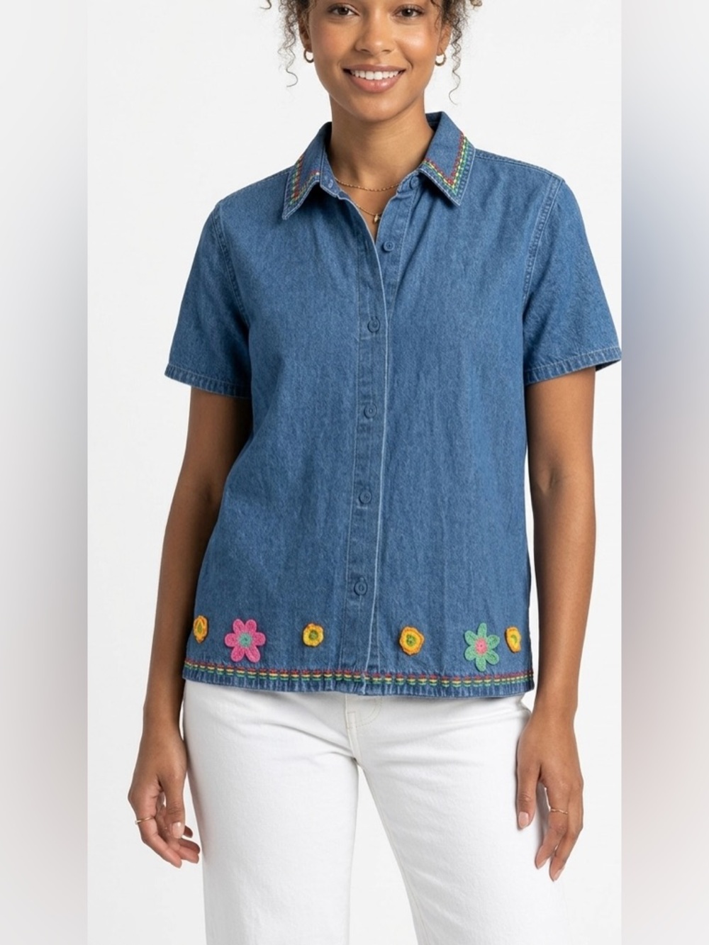 Vintage Embroidered Blue Denim Button-Up Shirt